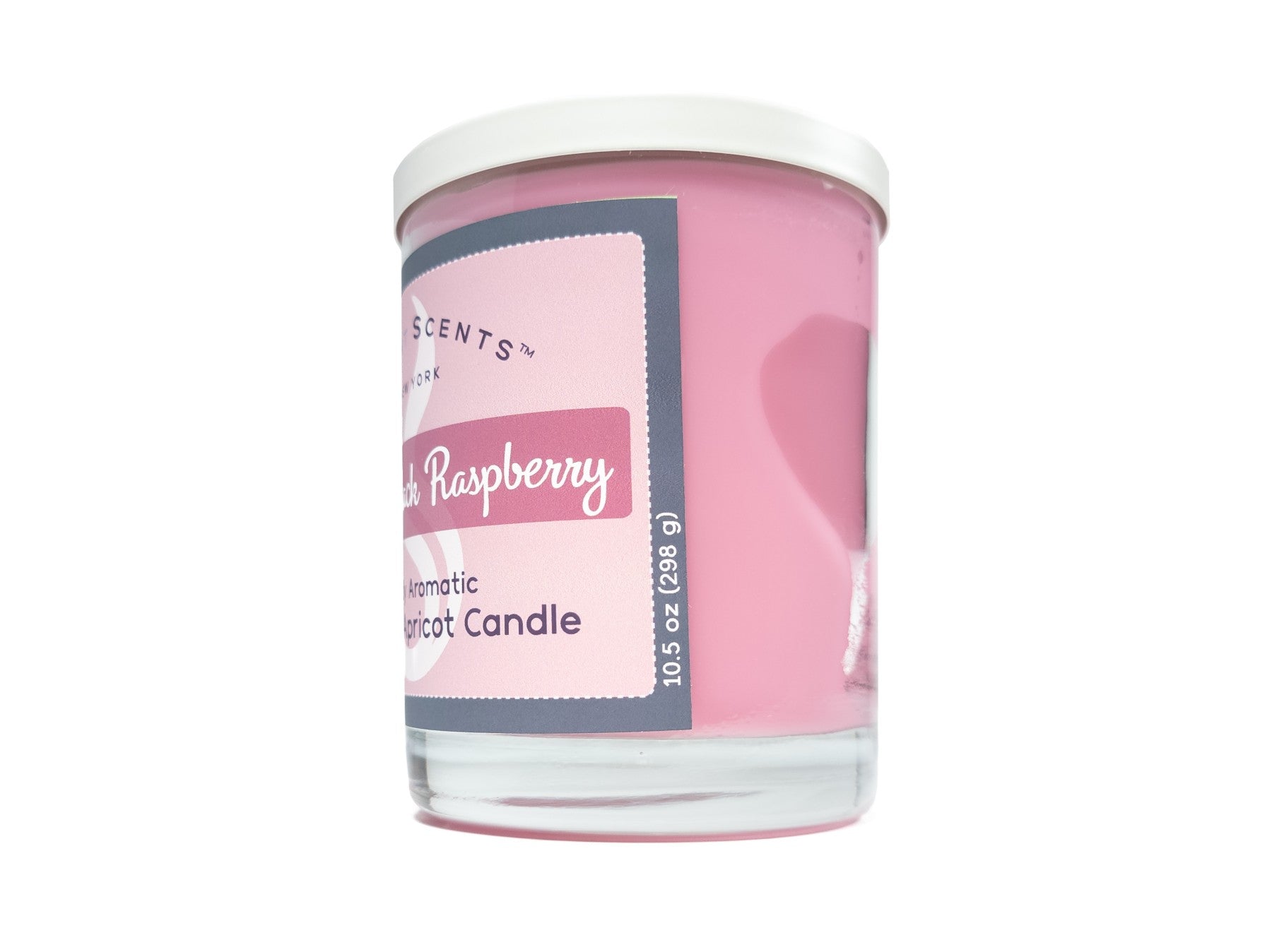 10.5oz Sweet Black Raspberry Softly Aromatic Coconut Apricot Candle by Slight Scents, handcrafted in New York. Side photo on a white background with a white lid.