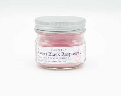 Sweet Black Raspberry Coconut Apricot Candle in a 4.5oz mason jar. Front view. 