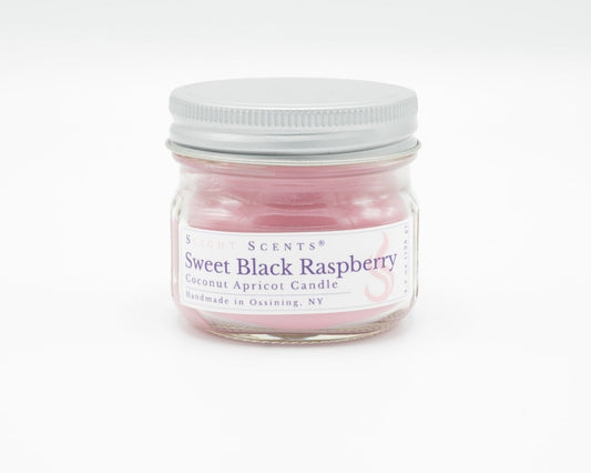 Sweet Black Raspberry Coconut Apricot Candle in a 4.5oz mason jar. Front view. 