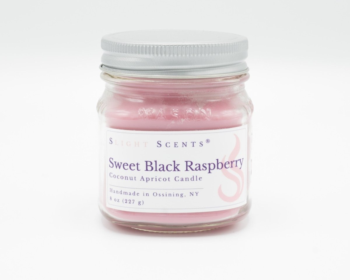 Sweet Black Raspberry Coconut Apricot Candle in a 8oz mason jar. Front view.