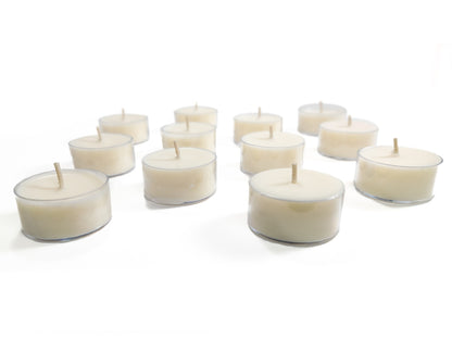 12 pack Unscented 100% Soy Tealight Candles by Slight Scents, handcrafted in New York. 6.84oz / 194g. Loose tealights sitting on a white background. 